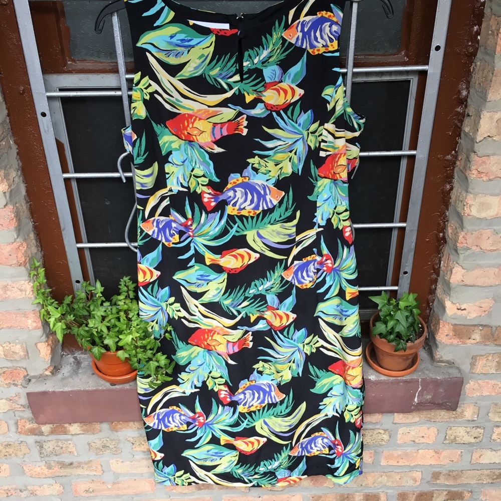 Maggy London tropical fish print silk sheath dress